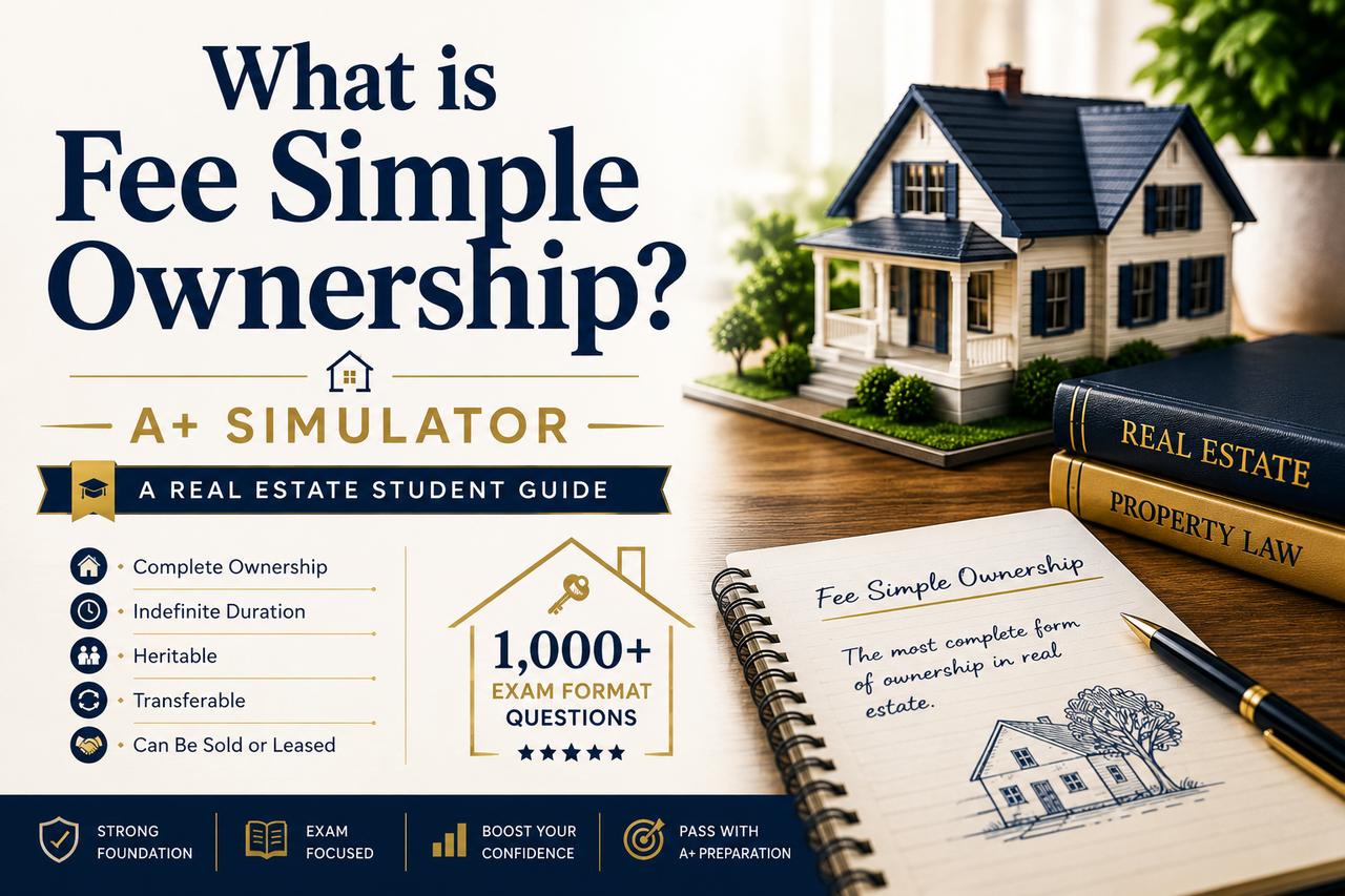 Fee Simple Ownership | A+ Simulator real estate student guide, showing a house, property law books, and fee simple ownership notes