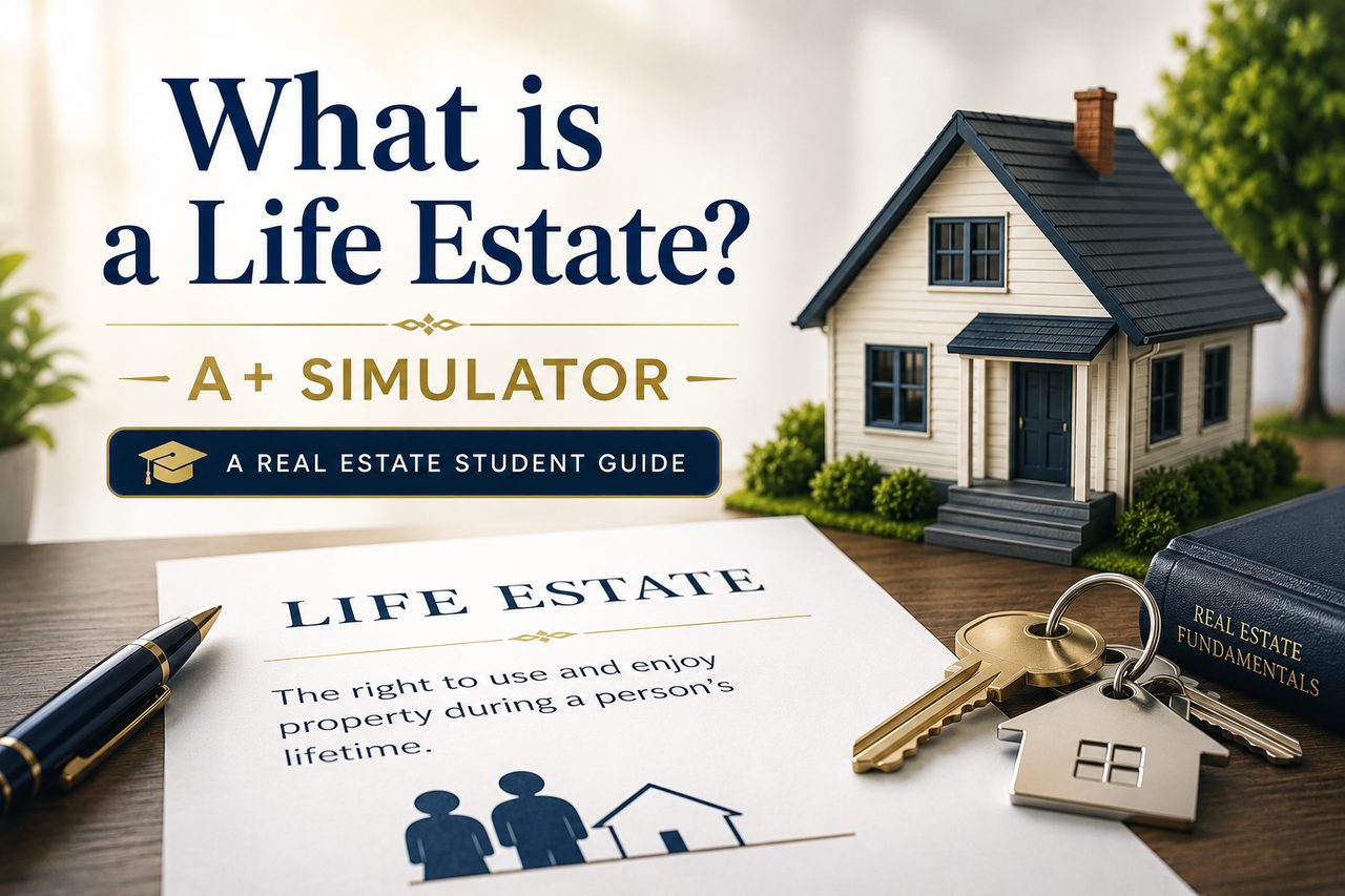 What Is a Life Estate? A+ Simulator real estate student guide, showing a house, keys, and a life estate definition card