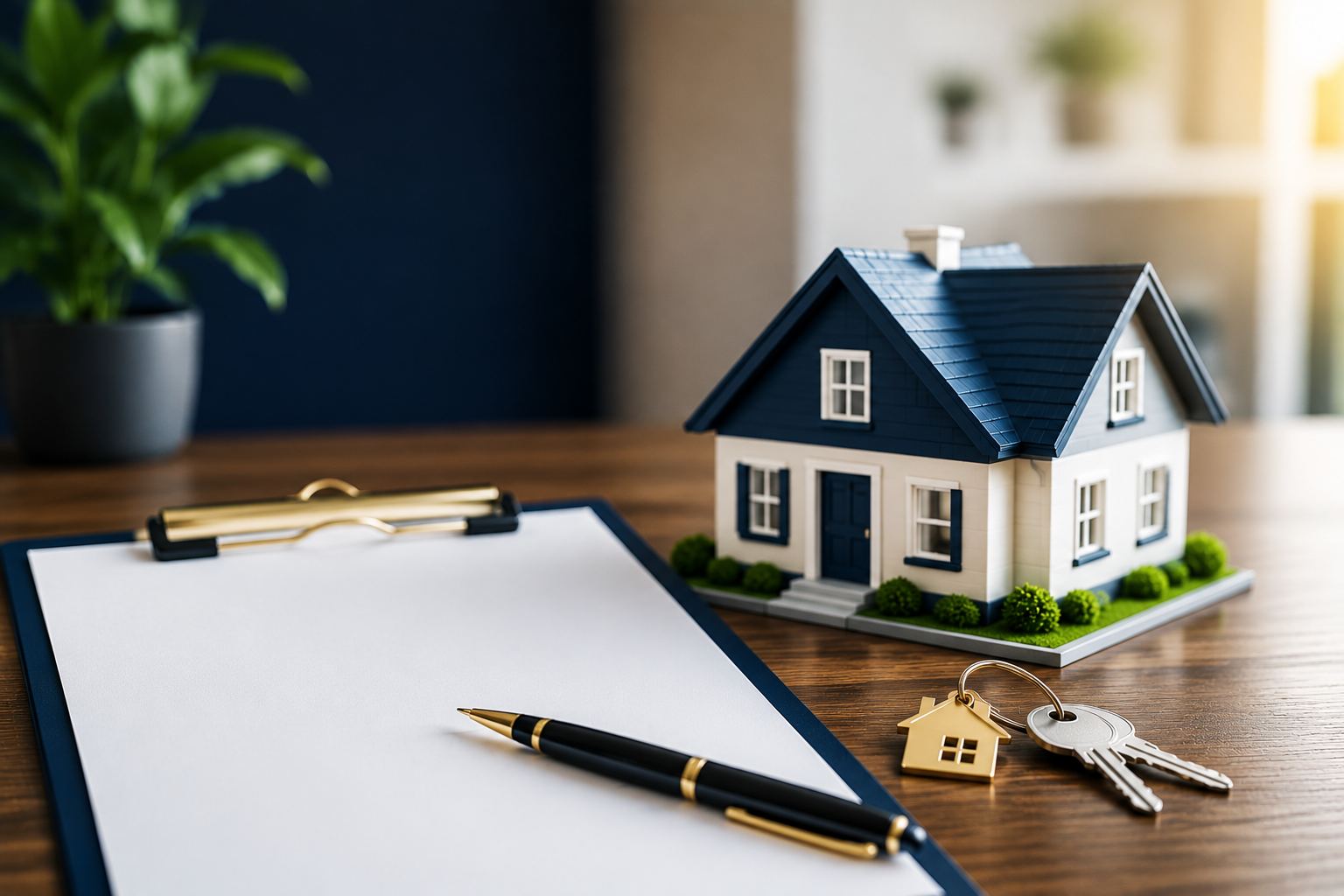 Real estate purchase contract, pen, and model house on a desk, representing an agency relationship in a real estate transaction