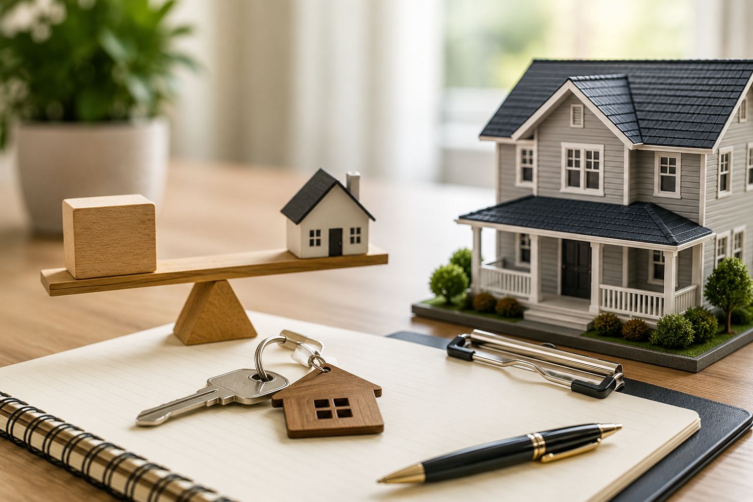 Wooden balance scale with a house on one side, symbolizing a real estate purchase agreement contingent on conditions being balanced and met