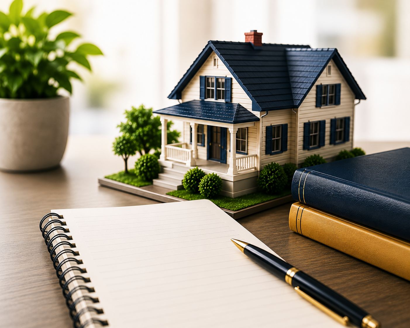 Model house, notebook, and law books on a desk, representing fee simple ownership study materials for the real estate exam