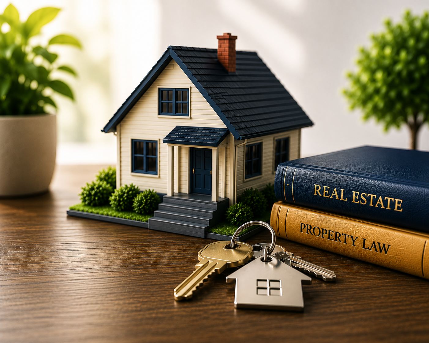Model house, keys, and real estate and property law books on a desk, representing life estate ownership study materials for the real estate exam