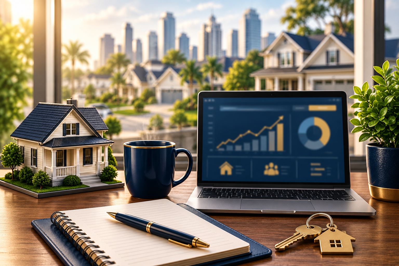 Desk with laptop showing career data, model house, notebook, and keys, representing real estate employment opportunities and career research